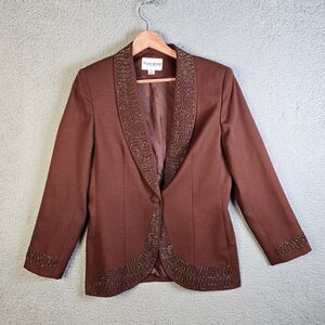 John Meyer Blazer 10 Brown Curved Hem Textured Trim Statement Collar Lined